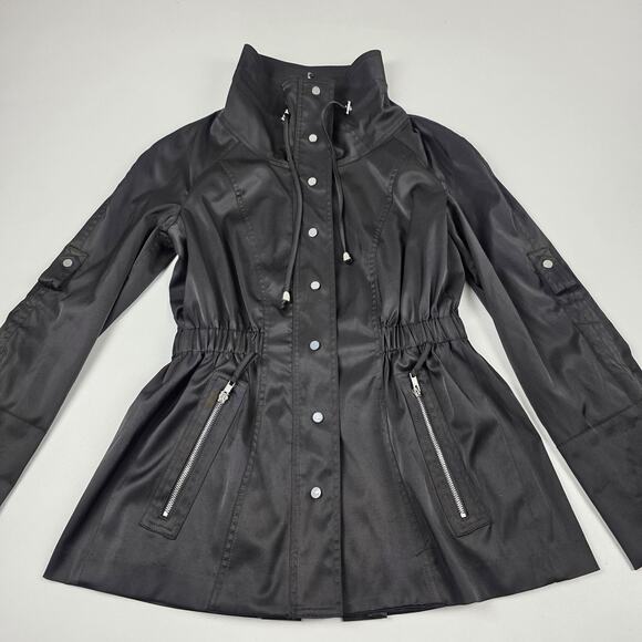 Cache Jacket Womens Medium Black Funnel Collar Drawstring Zip Pockets Snap Front - Picture 2 of 11